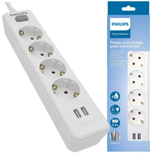 Philips Πολύπριζο 4Θ Schuko +2Θ USB 2m με διακόπτη